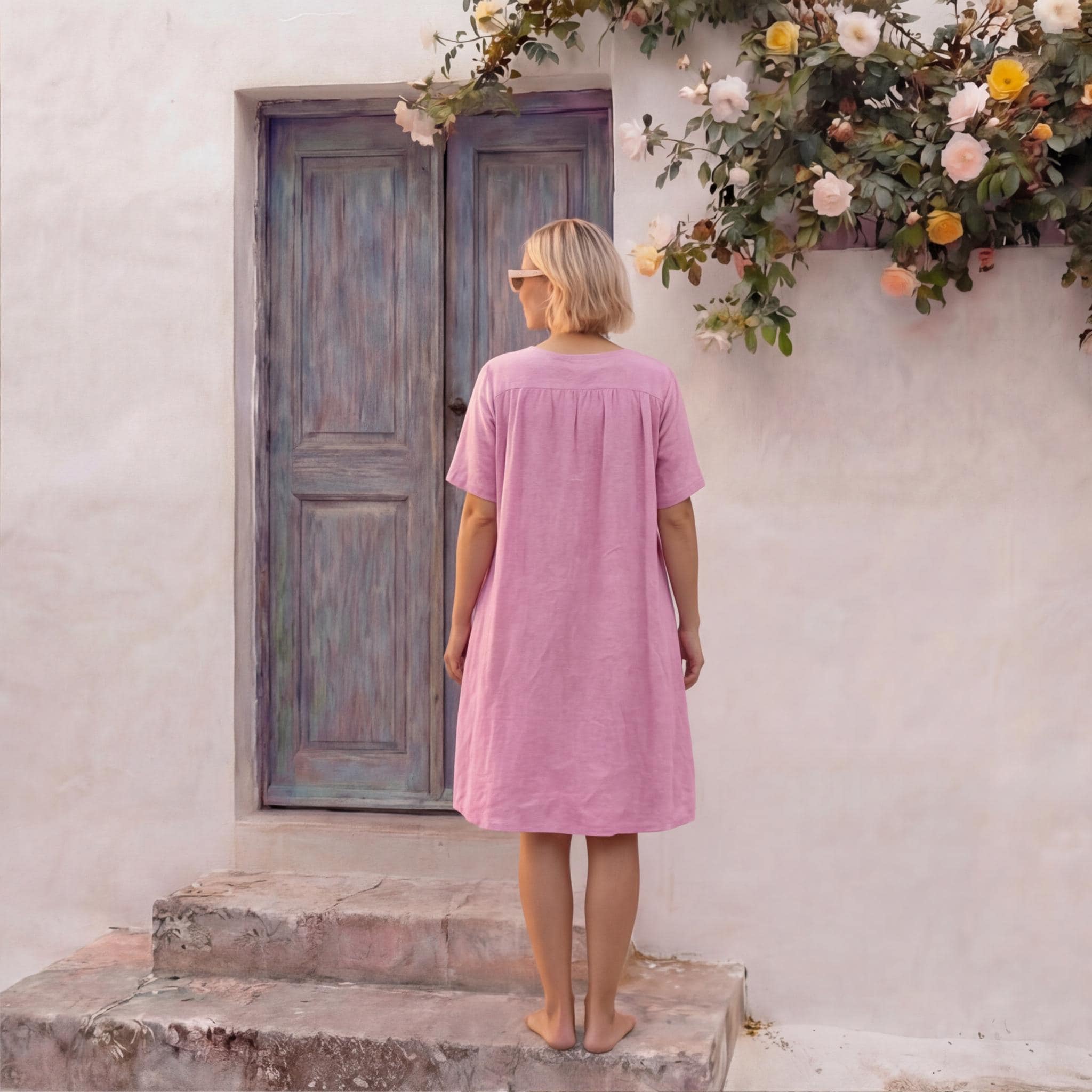 Layered Linen Knee-Length Dress with Round Neckline, basic linen dress, casual linen dress, summer linen dress, dress with pockets