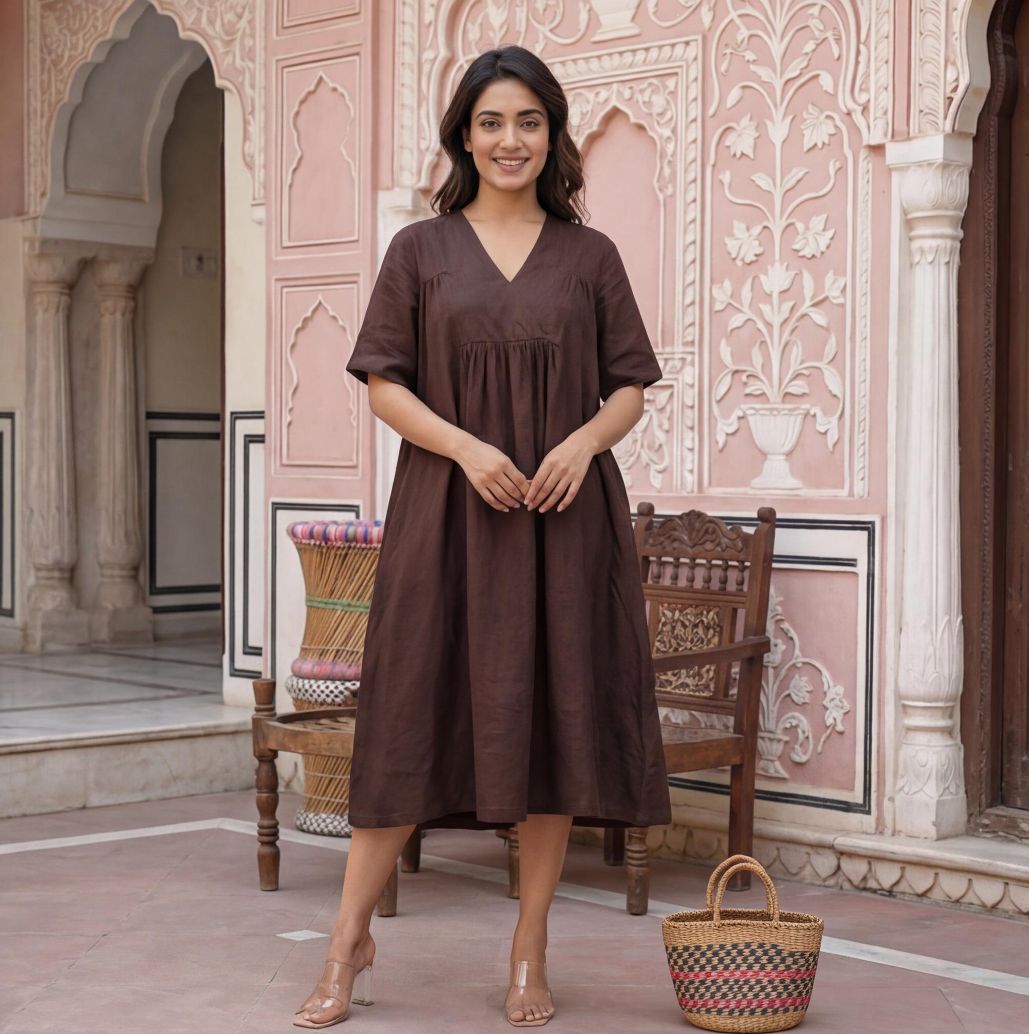 Linen A-Line Knee-Length Dress with V-Neckline and Empire Waist, linen women clothes, linen summer dresses plus size