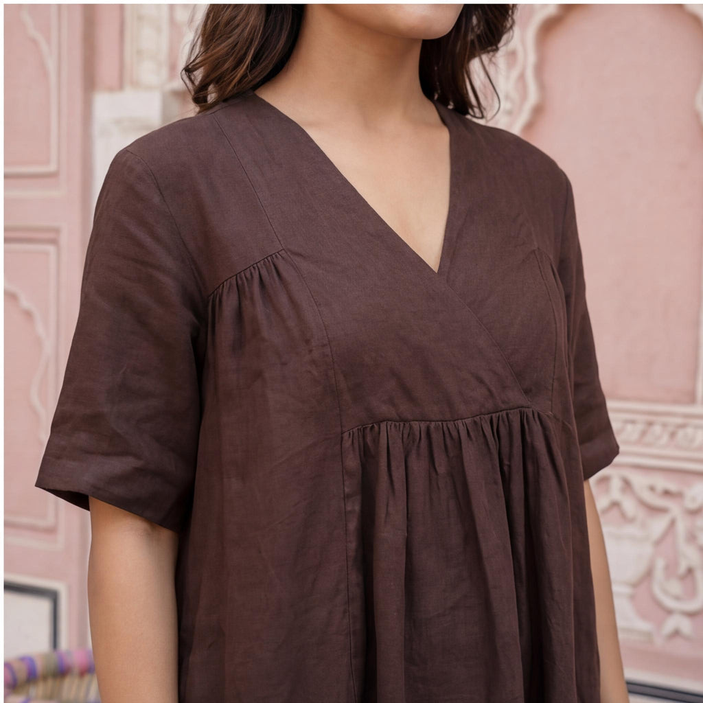 Linen A-Line Knee-Length Dress with V-Neckline and Empire Waist, linen women clothes, linen summer dresses plus size