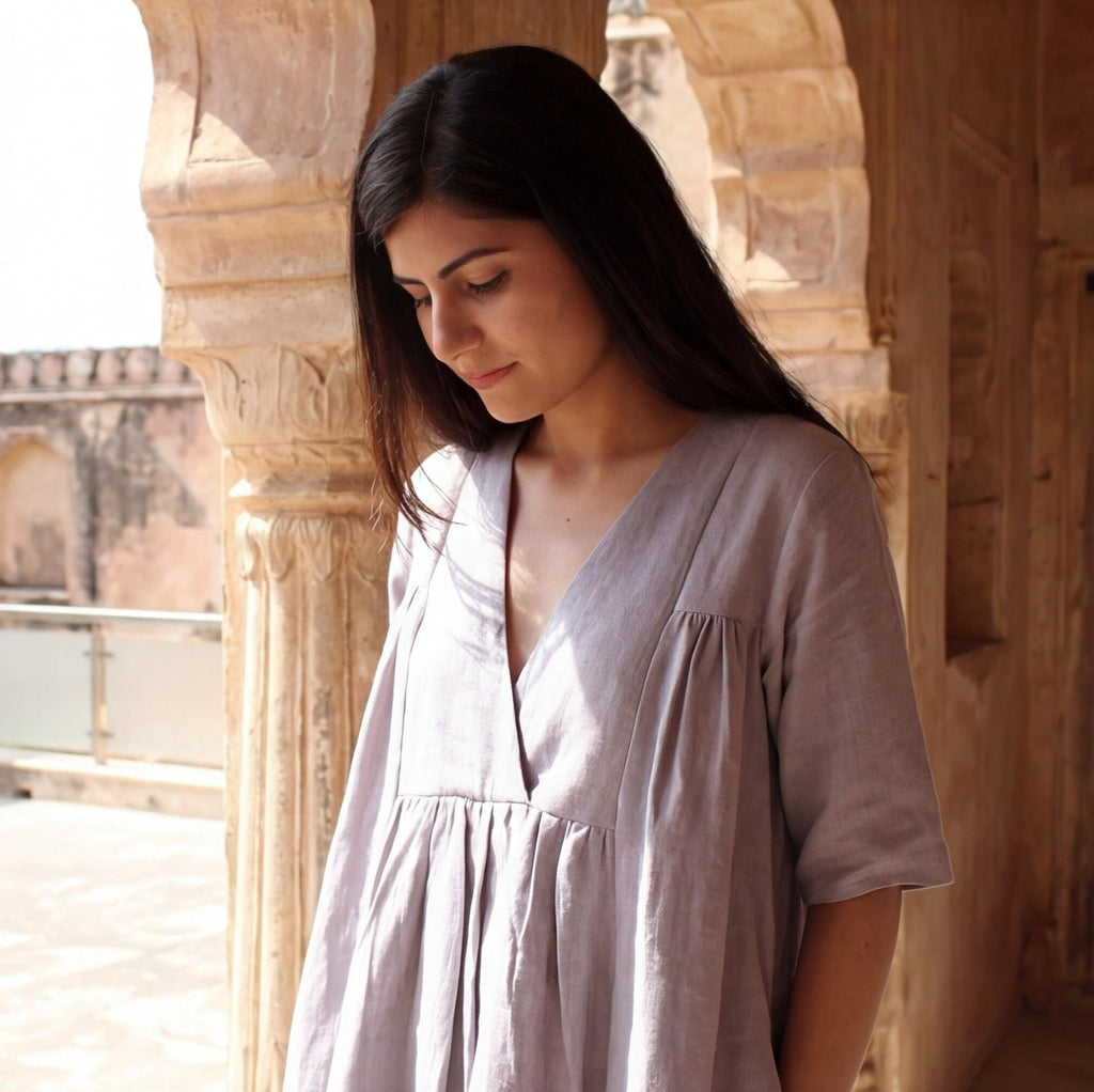 Linen A-Line Knee-Length Dress with V-Neckline and Empire Waist, loose linen dress, flax dress, pure linen dress