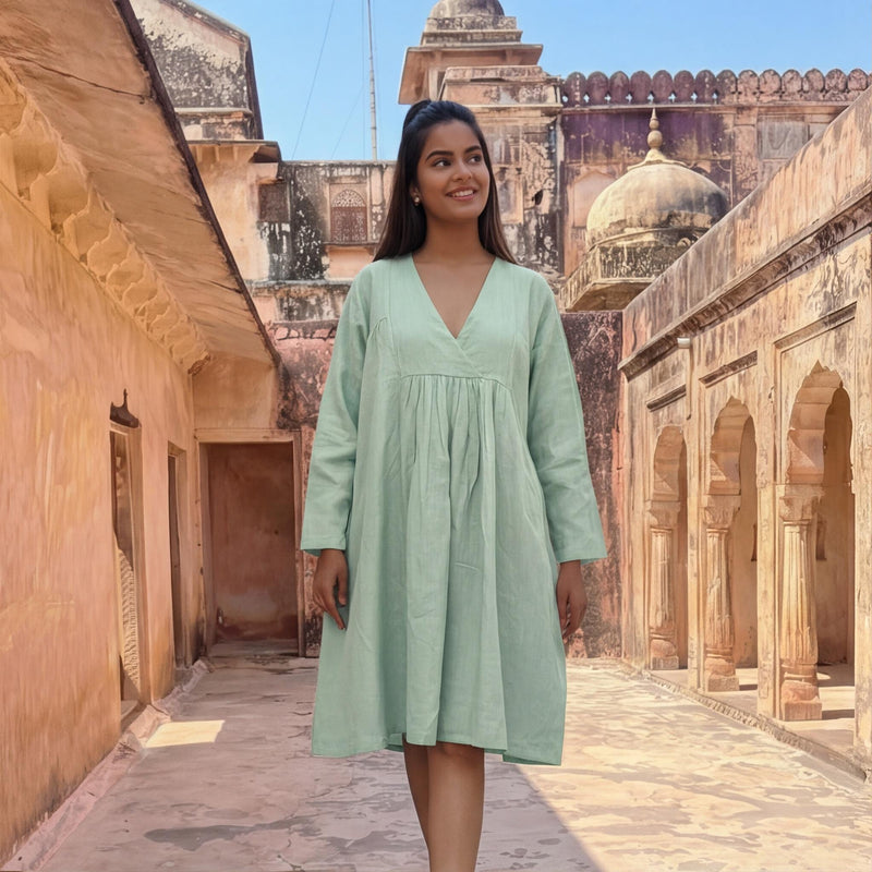 Long Sleeve Linen Dress, Loose Tunic, Empire Waist, Below Knee Length, Eco-Friendly Fabric