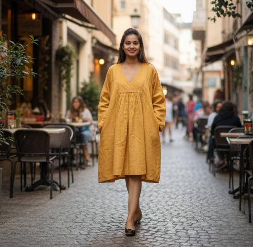 Organic Linen V-Neck Shift Dress, Loose Fit, Pockets, Summer Sundress