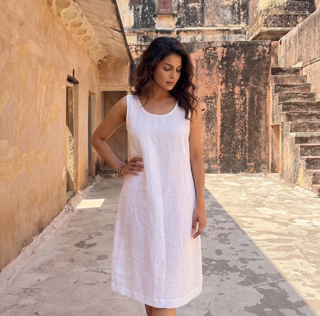 White Sleeveless Linen Knee-Length Shift Dress with Scoop Neckline and Deep U-Back, Loose Fit Midi Summer Dress, plus size linen