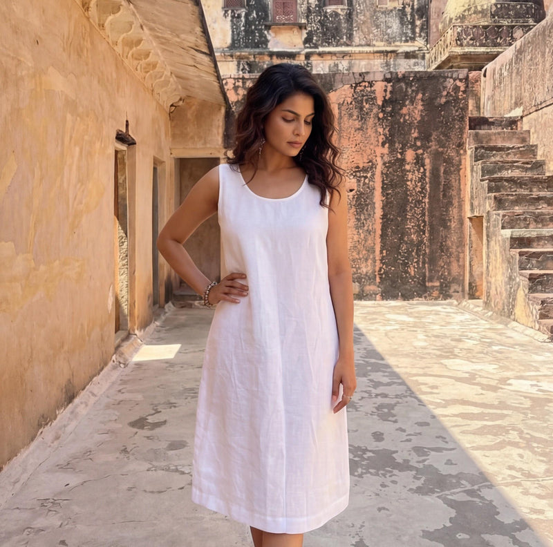 White Sleeveless Linen Knee-Length Shift Dress with Scoop Neckline and Deep U-Back, Loose Fit Midi Summer Dress, plus size linen