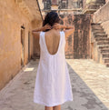 White Sleeveless Linen Knee-Length Shift Dress with Scoop Neckline and Deep U-Back, Loose Fit Midi Summer Dress, plus size linen