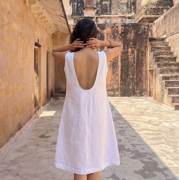 White Sleeveless Linen Knee-Length Shift Dress with Scoop Neckline and Deep U-Back, Loose Fit Midi Summer Dress, plus size linen