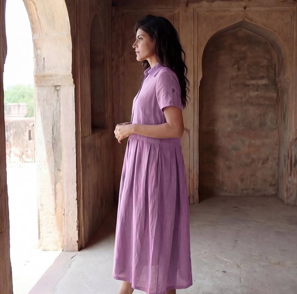 Linen Midi Dress With Shirt collar and Half sleeves, Linen Shirt Dress, Pleated Skirt Dress with Pockets, Empire Tunic, Handmade Outfit