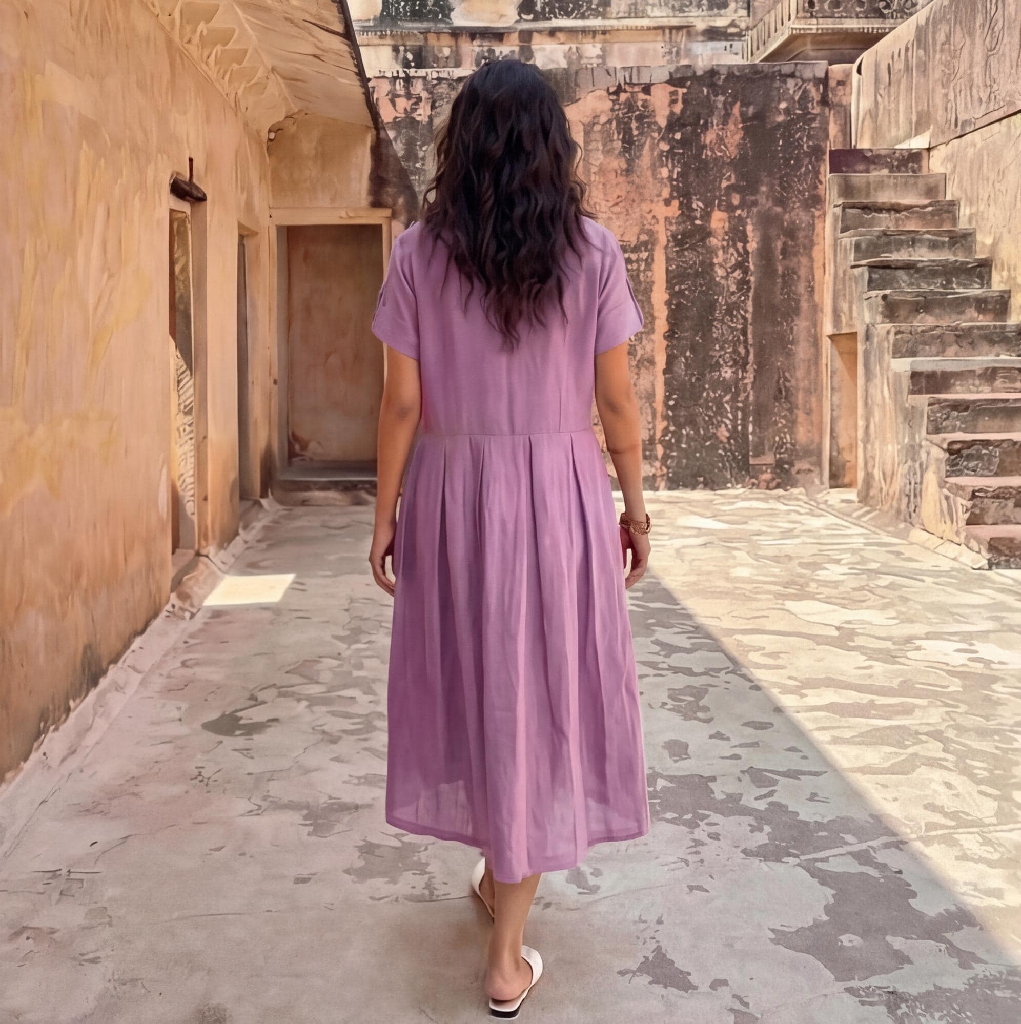 Linen Midi Dress With Shirt collar and Half sleeves, Linen Shirt Dress, Pleated Skirt Dress with Pockets, Empire Tunic, Handmade Outfit