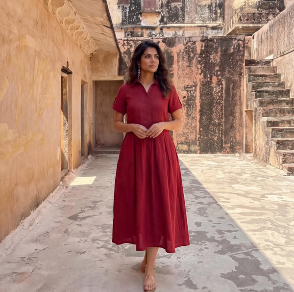 Linen Midi Dress with Collar, Pleated Waist