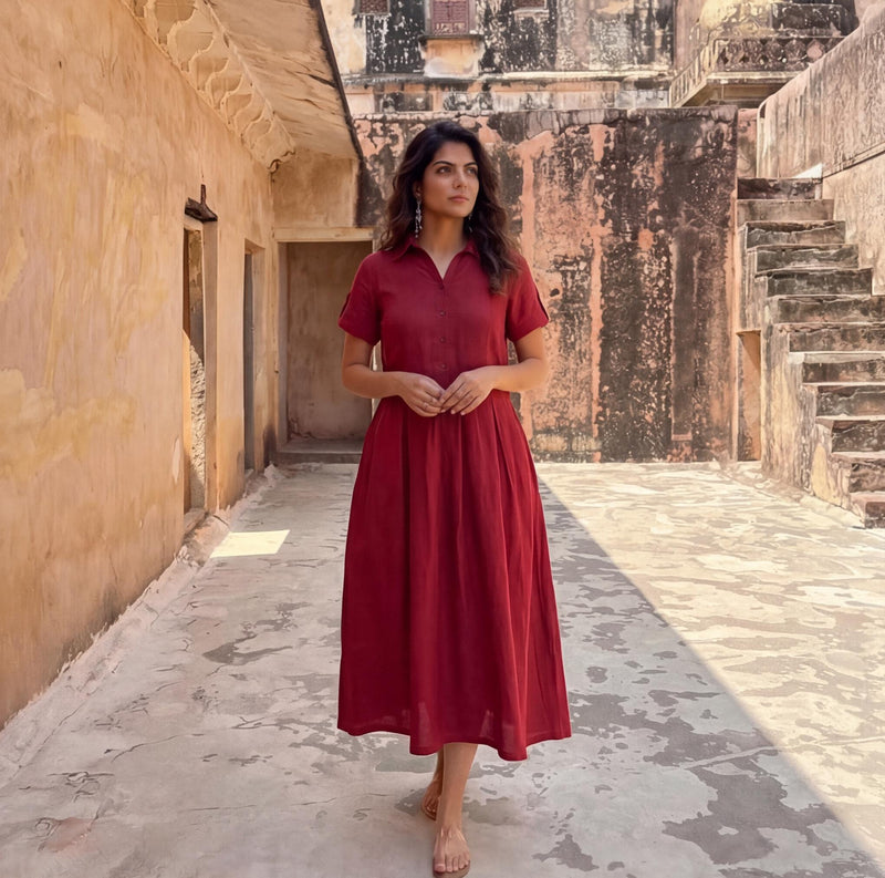 Linen Midi Dress with Collar, Pleated Waist
