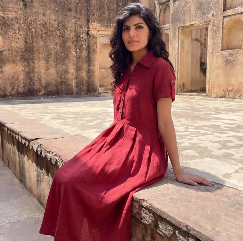 Linen Midi Dress with Collar, Pleated Waist, photo 2