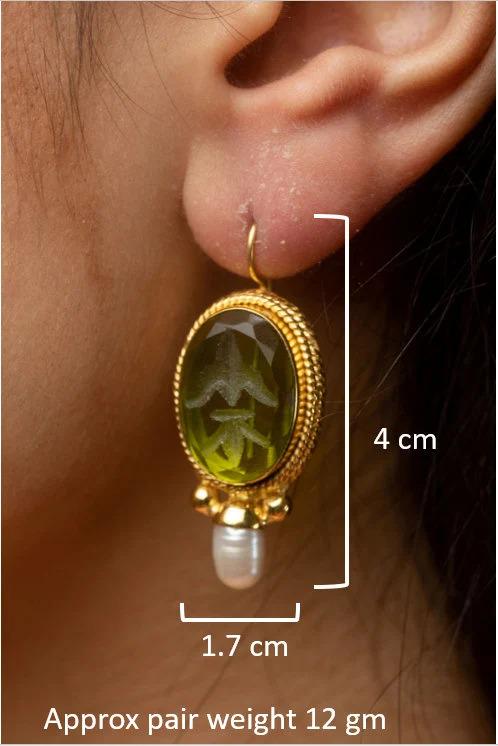 Turquoise Fleur-de-lis Intaglio Earrings, Victorian Pearl Drops, Gold Plated, photo 3