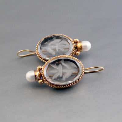 Intaglio Glass Earrings, Victorian Art Deco Bridal, 18K Gold Vermeil