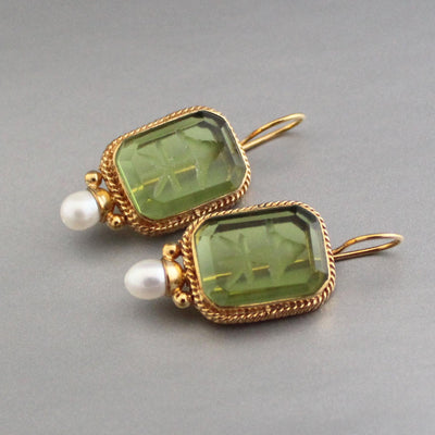Green Glass Intaglio Earrings, Bridal Pearl Accent, Brass, photo 2