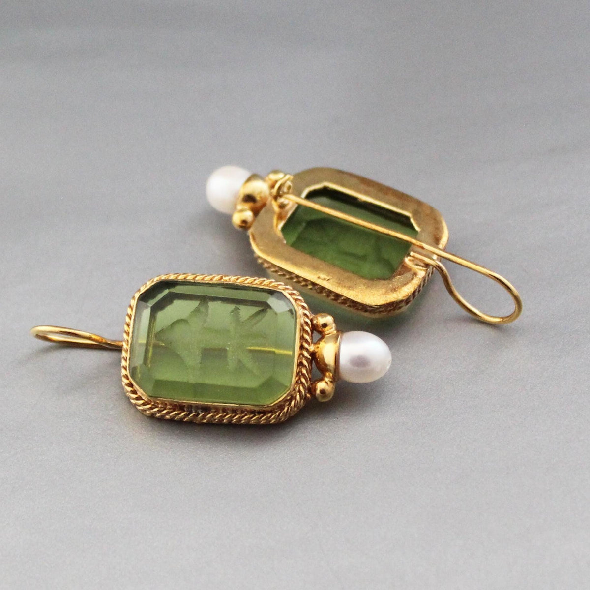 Green Glass Intaglio Earrings, Bridal Pearl Accent, Brass, photo 4