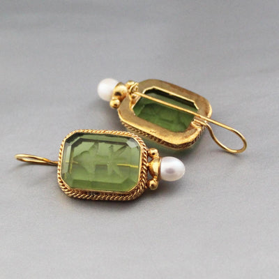 Green Glass Intaglio Earrings, Bridal Pearl Accent, Brass, photo 4