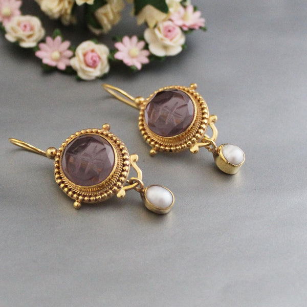 Purple Intaglio Glass Earrings, Vintage Drops, Gold Vermeil