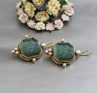 Green Intaglio Earrings, Victorian Style, Gold Brass, photo 2