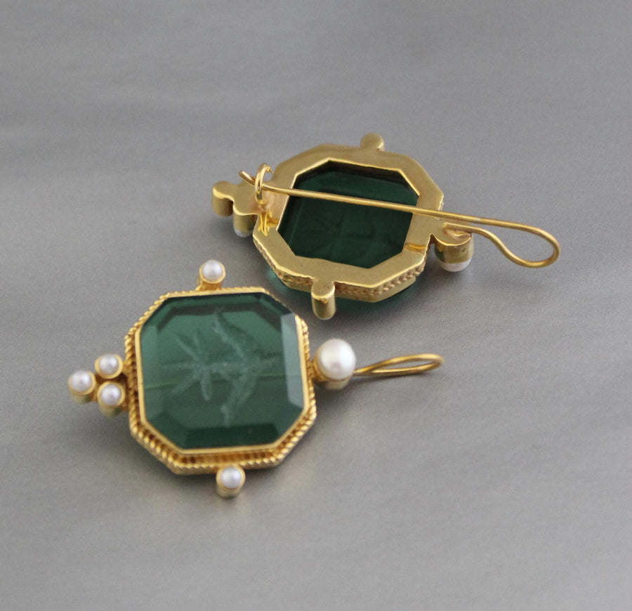 Green Intaglio Earrings, Victorian Style, Gold Brass, photo 4