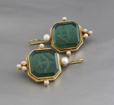 Green Intaglio Earrings, Victorian Style, Gold Brass, photo 5