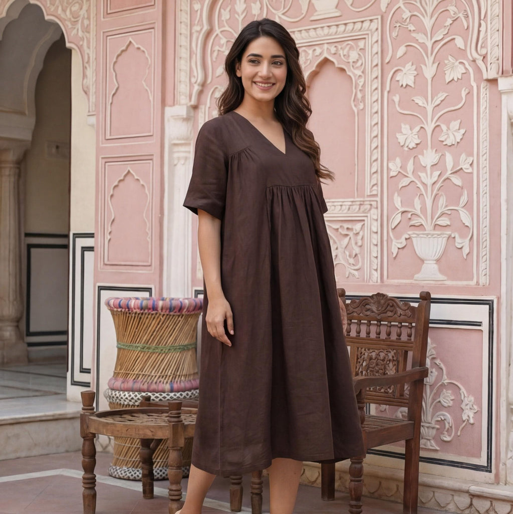 Linen A-Line Knee-Length Dress with V-Neckline and Empire Waist, linen women clothes, linen summer dresses plus size