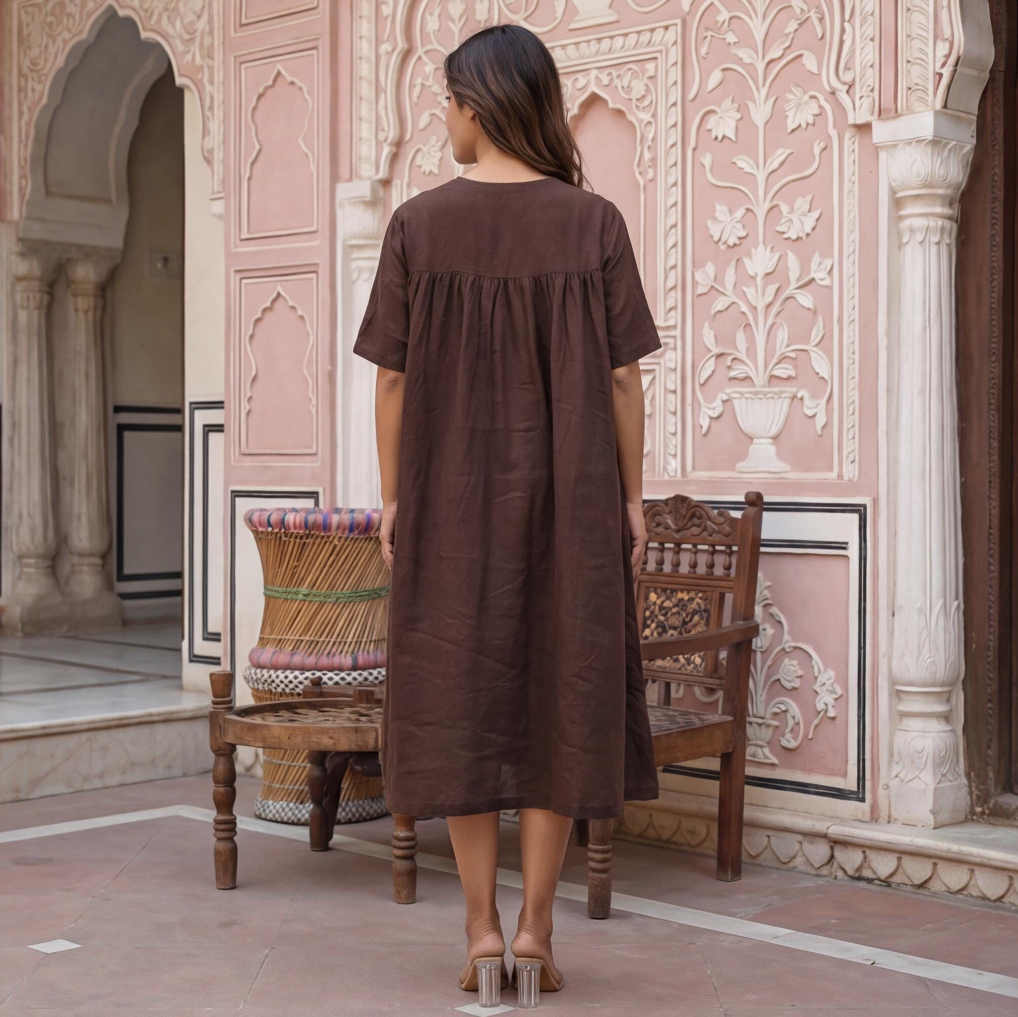 Linen A-Line Knee-Length Dress with V-Neckline and Empire Waist, linen women clothes, linen summer dresses plus size