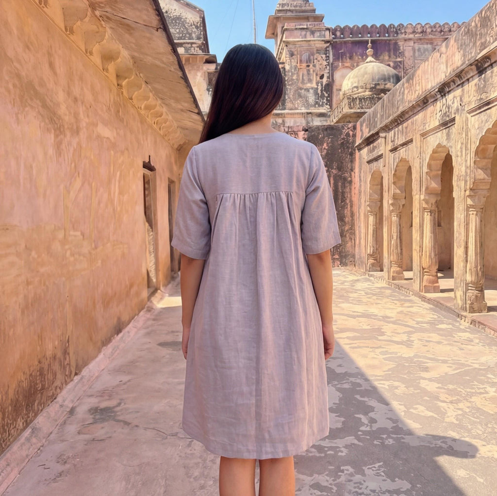 Linen A-Line Knee-Length Dress with V-Neckline and Empire Waist, loose linen dress, flax dress, pure linen dress