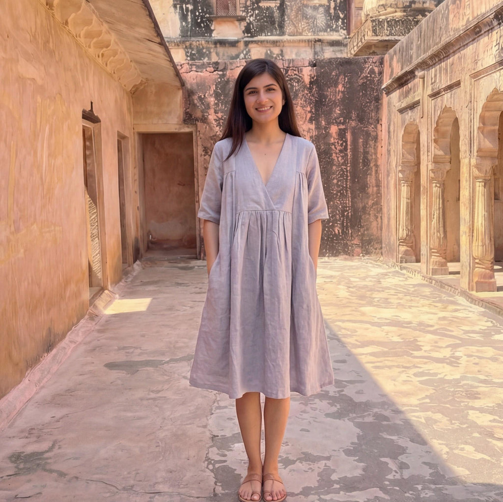 Linen A-Line Knee-Length Dress with V-Neckline and Empire Waist, loose linen dress, flax dress, pure linen dress