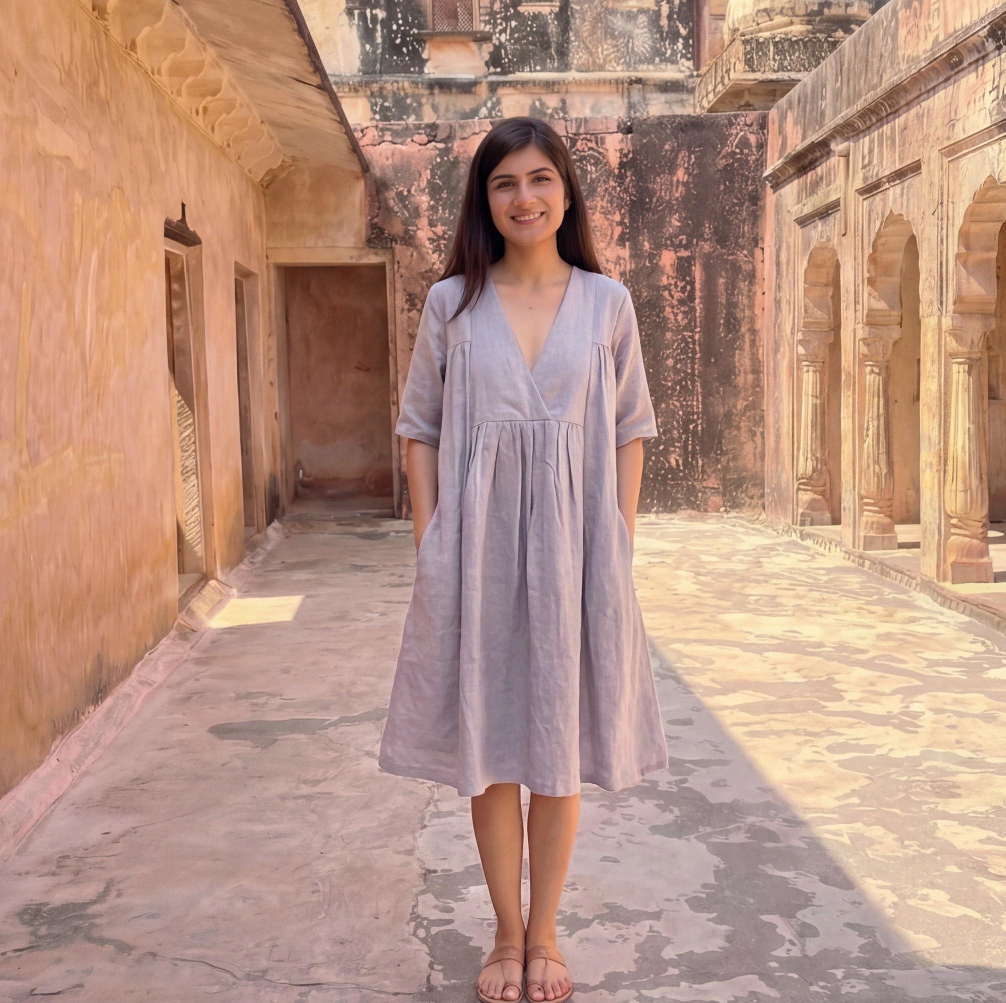 Linen A-Line Knee-Length Dress with V-Neckline and Empire Waist, loose linen dress, flax dress, pure linen dress