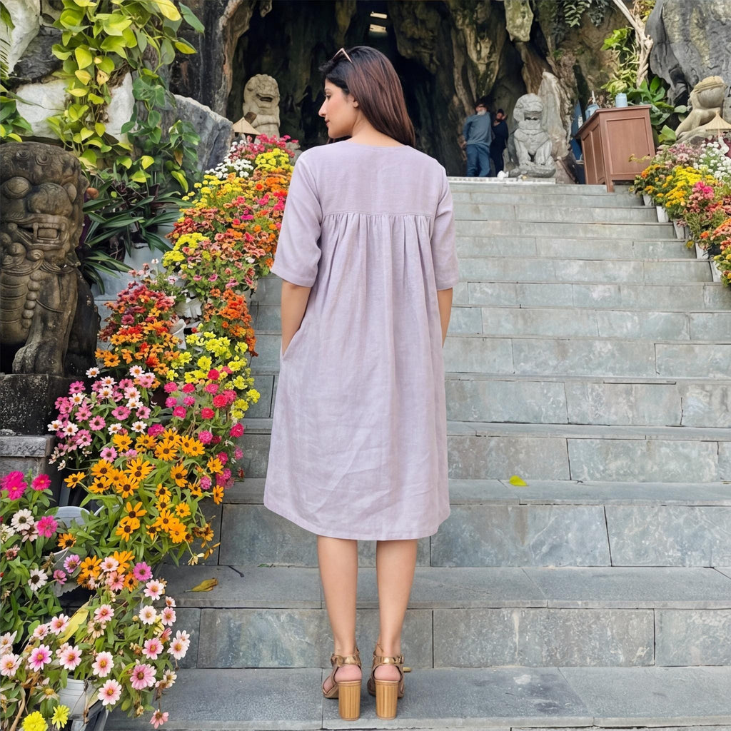 Linen A-Line Knee-Length Dress with V-Neckline and Empire Waist, loose linen dress, flax dress, pure linen dress