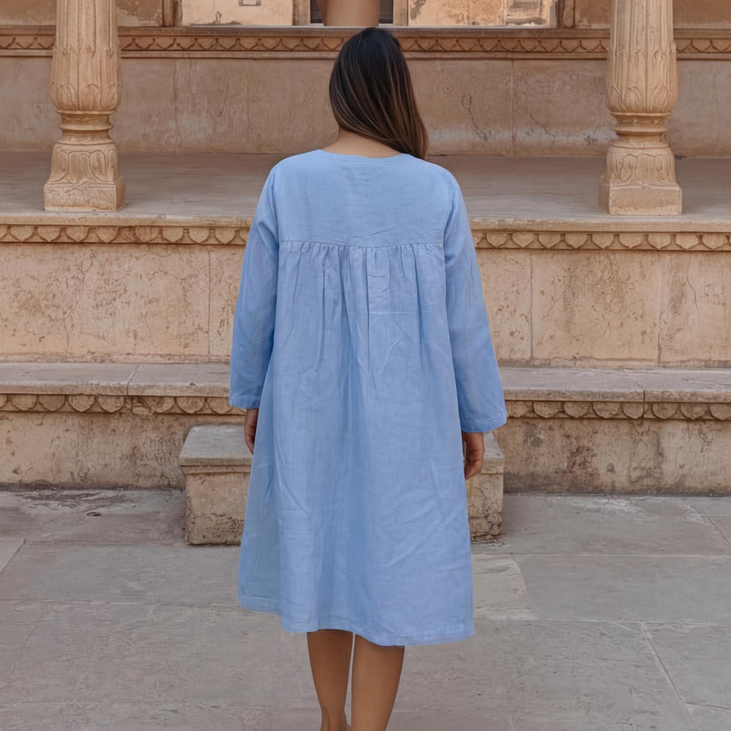 Linen A-Line Knee-Length Dress with V-Neckline and Empire Waist, Long Sleeve Dress, Plus Size linen