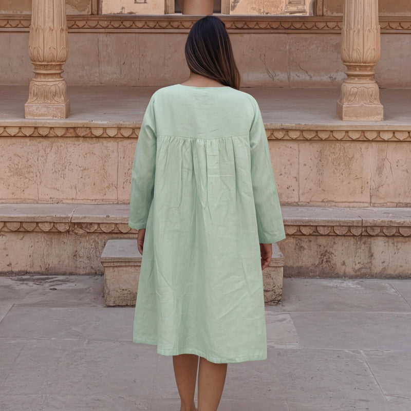 Long Sleeve Linen Dress, Loose Tunic, Empire Waist, Below Knee Length, Eco-Friendly Fabric