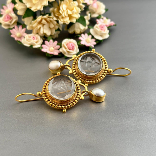 Clear Glass Intaglio Earrings, Victorian Art Deco, Gold with Pearl