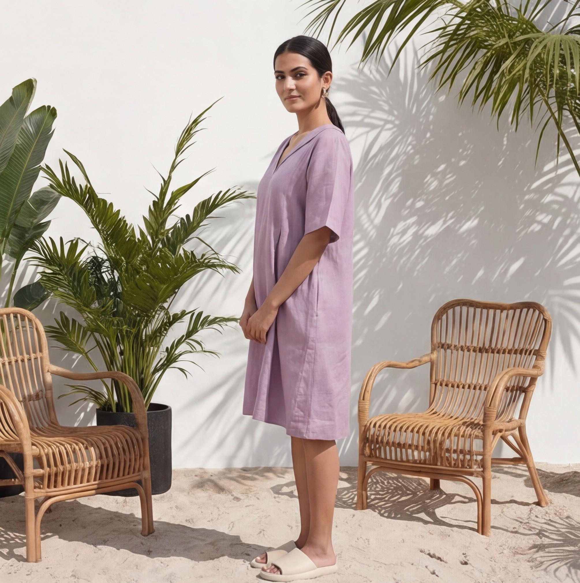 Linen Midi Tunic Dress: Half Sleeves, Pockets, Sustainable Clothing