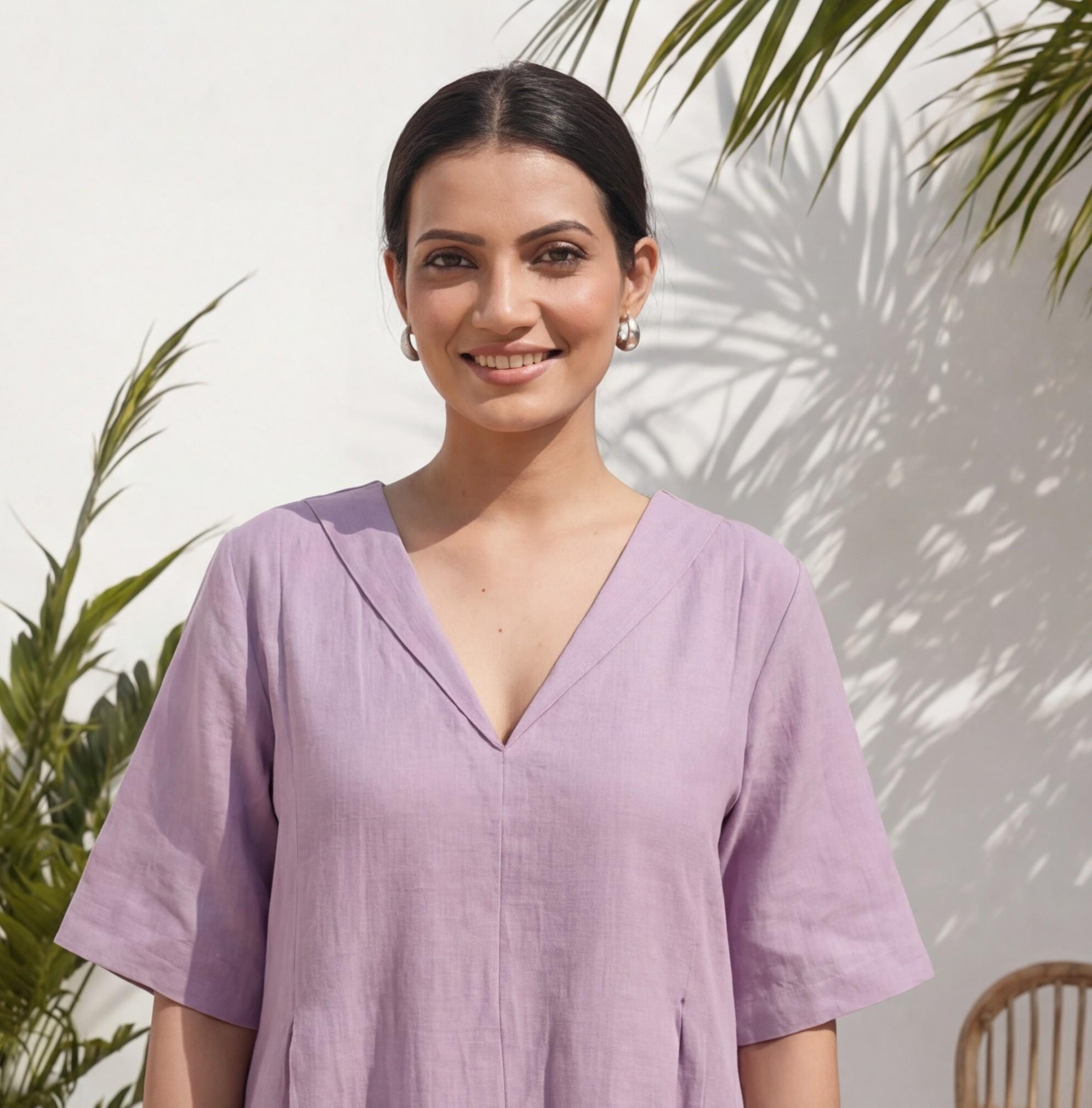 Linen Midi Tunic Dress: Half Sleeves, Pockets, Sustainable Clothing