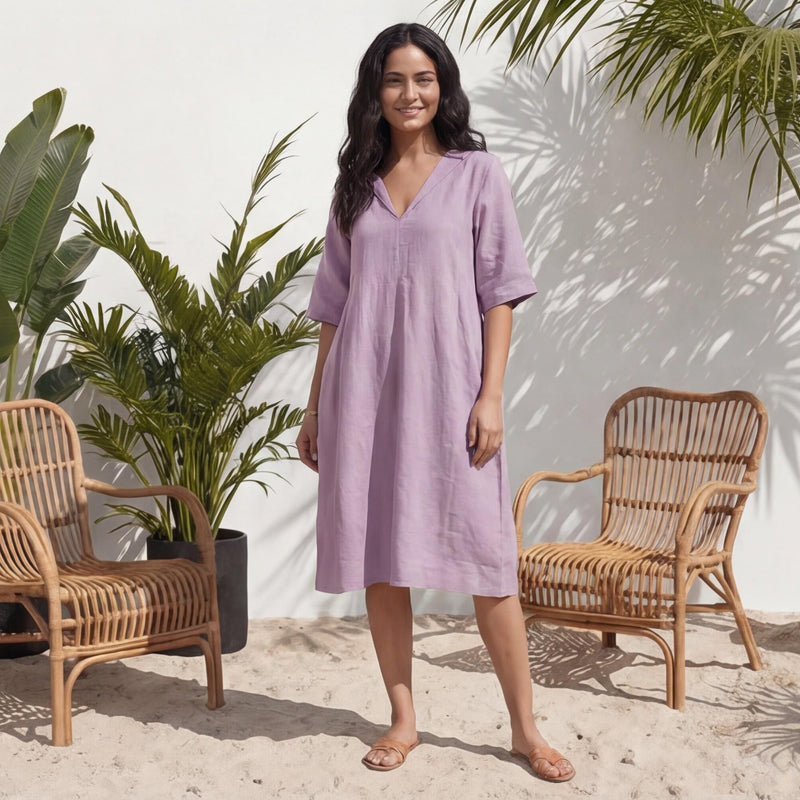Linen Midi Tunic Dress: Half Sleeves, Pockets, Sustainable Clothing