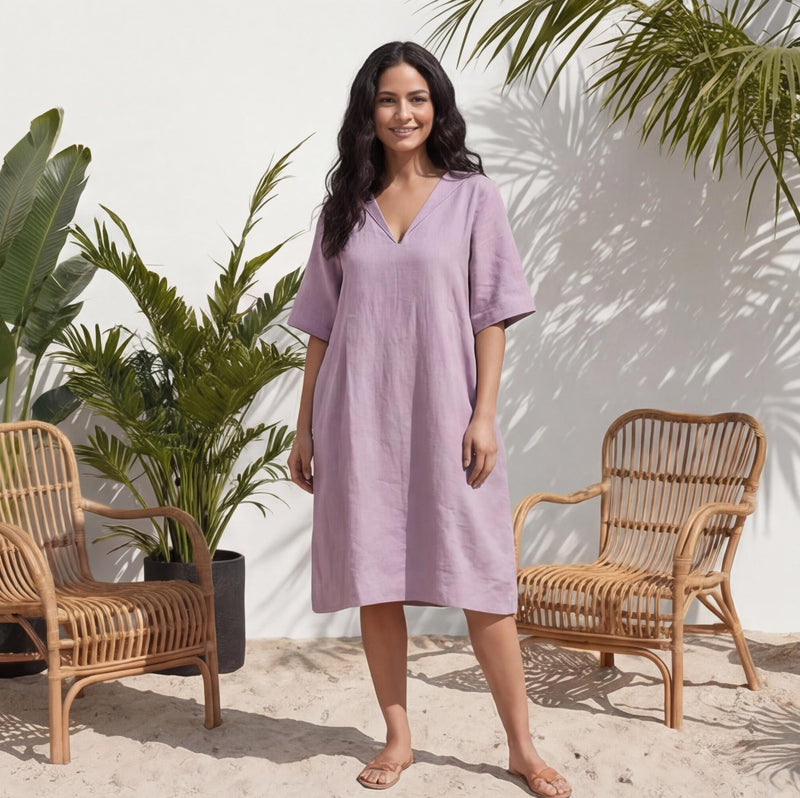 Linen Midi Tunic Dress: Half Sleeves, Pockets, Sustainable Clothing