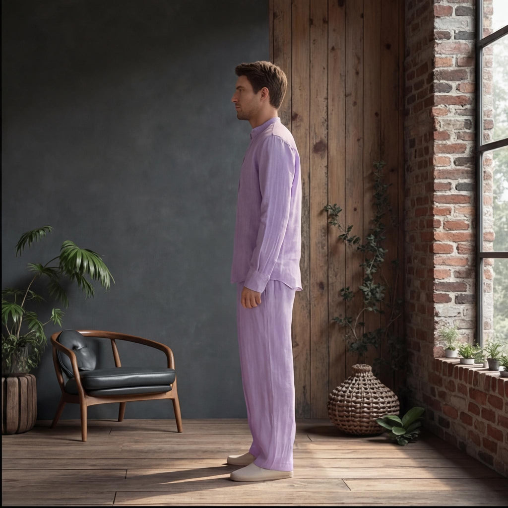 Linen clothes for Men, Relaxed Fit Linen Shirt with Mandarin Collar, Minimal placket look short front slit, Men Linen Resort Wear