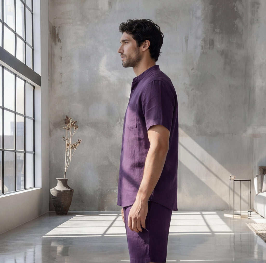 Men's Relaxed Fit Short Sleeve Shirt with Mandarin Collar, crew neck tee, Short Sleeve Casual Summer Top, Solid Color Beachwear