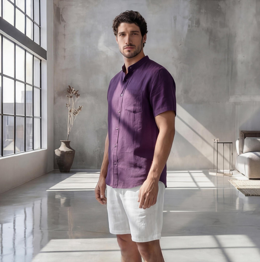 Men's Relaxed Fit Short Sleeve Shirt with Mandarin Collar, crew neck tee, Short Sleeve Casual Summer Top, Solid Color Beachwear
