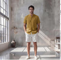 Men's Relaxed Fit Short Sleeve Shirt with Mandarin Collar, Oversize shirt Men, Gift for him, Beach linen shirt Men, mens party clothes