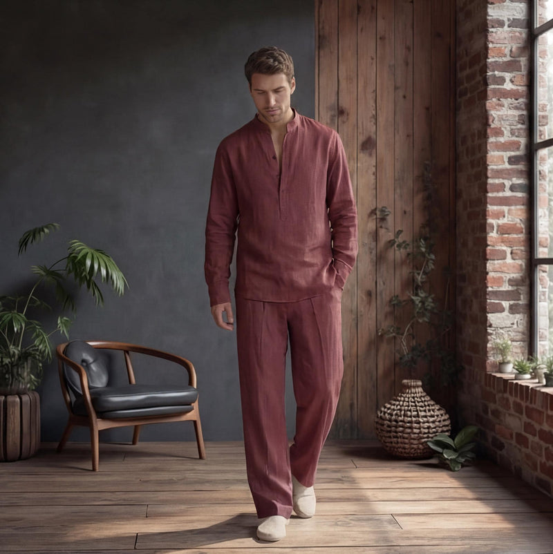 Men's Mandarin Collar Linen Shirt, Custom Fit