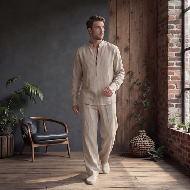 Men's Mandarin Collar Linen Shirt, Modern Fit