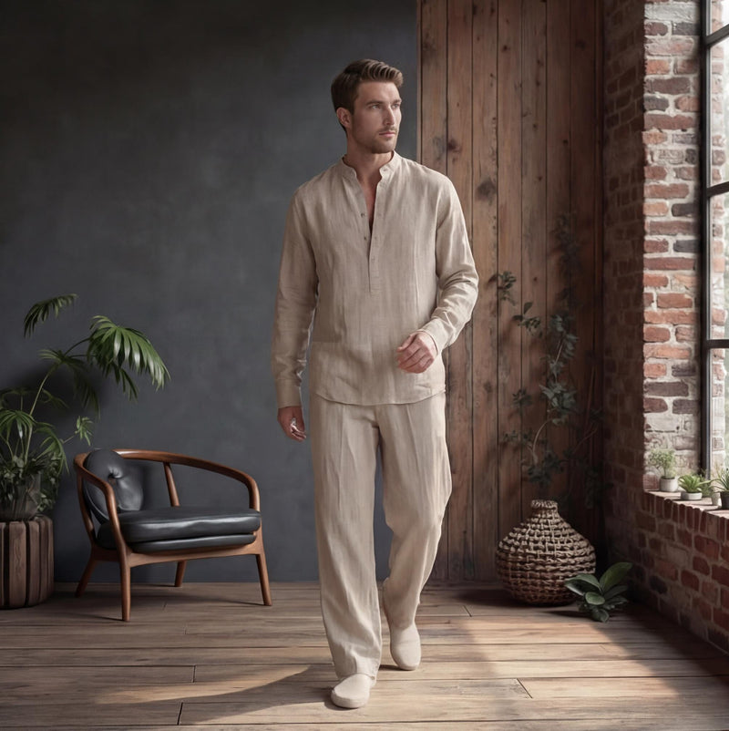 Men's Mandarin Collar Linen Shirt, Modern Fit