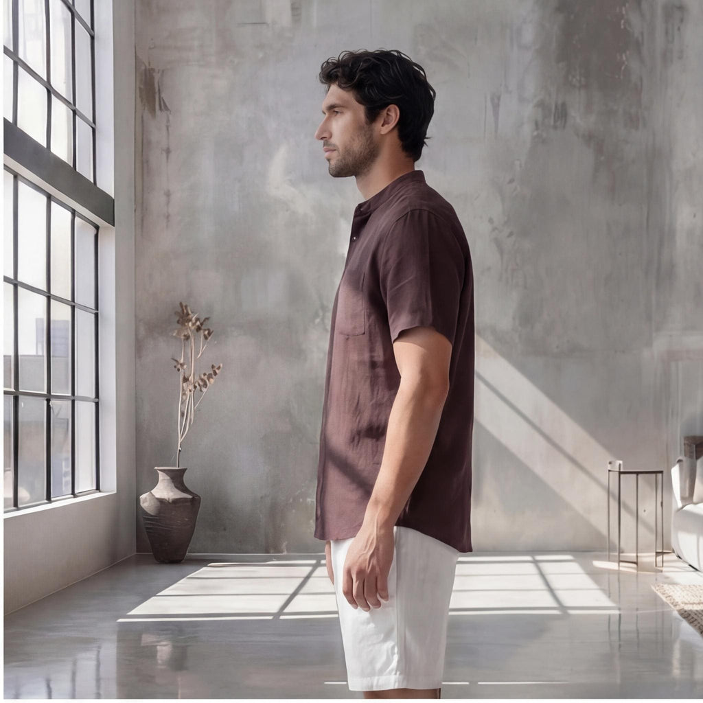 Men's Relaxed Fit Short Sleeve Shirt with Mandarin Collar, Solid Color Beachwear, Lightweight Breathable Plus Size Men’s Vacation Shirt
