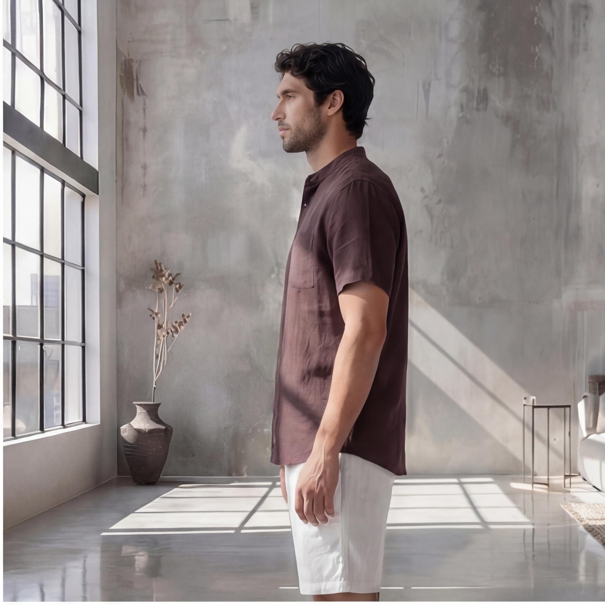 Men's Relaxed Fit Short Sleeve Shirt with Mandarin Collar, Solid Color Beachwear, Lightweight Breathable Plus Size Men’s Vacation Shirt