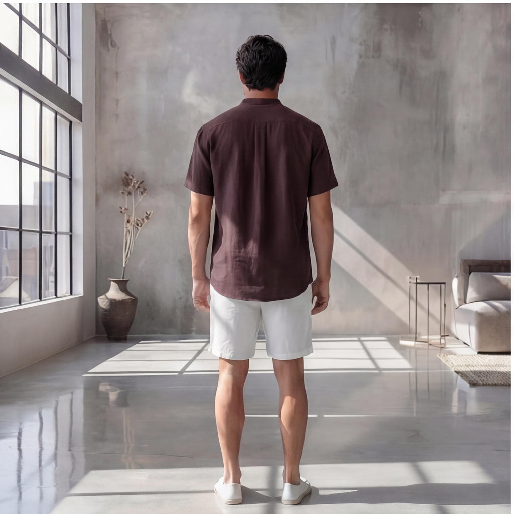 Men's Relaxed Fit Short Sleeve Shirt with Mandarin Collar, Solid Color Beachwear, Lightweight Breathable Plus Size Men’s Vacation Shirt