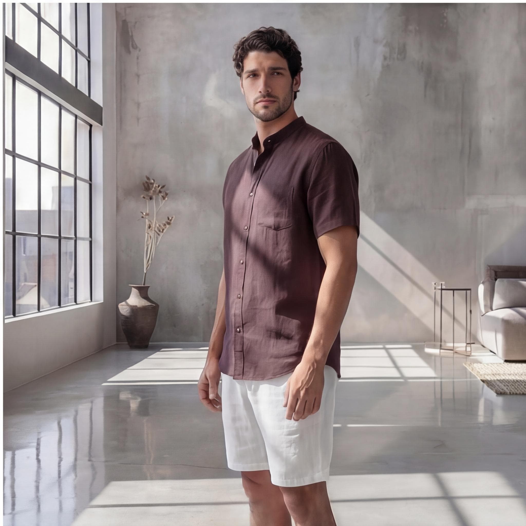 Men's Relaxed Fit Short Sleeve Shirt with Mandarin Collar, Solid Color Beachwear, Lightweight Breathable Plus Size Men’s Vacation Shirt