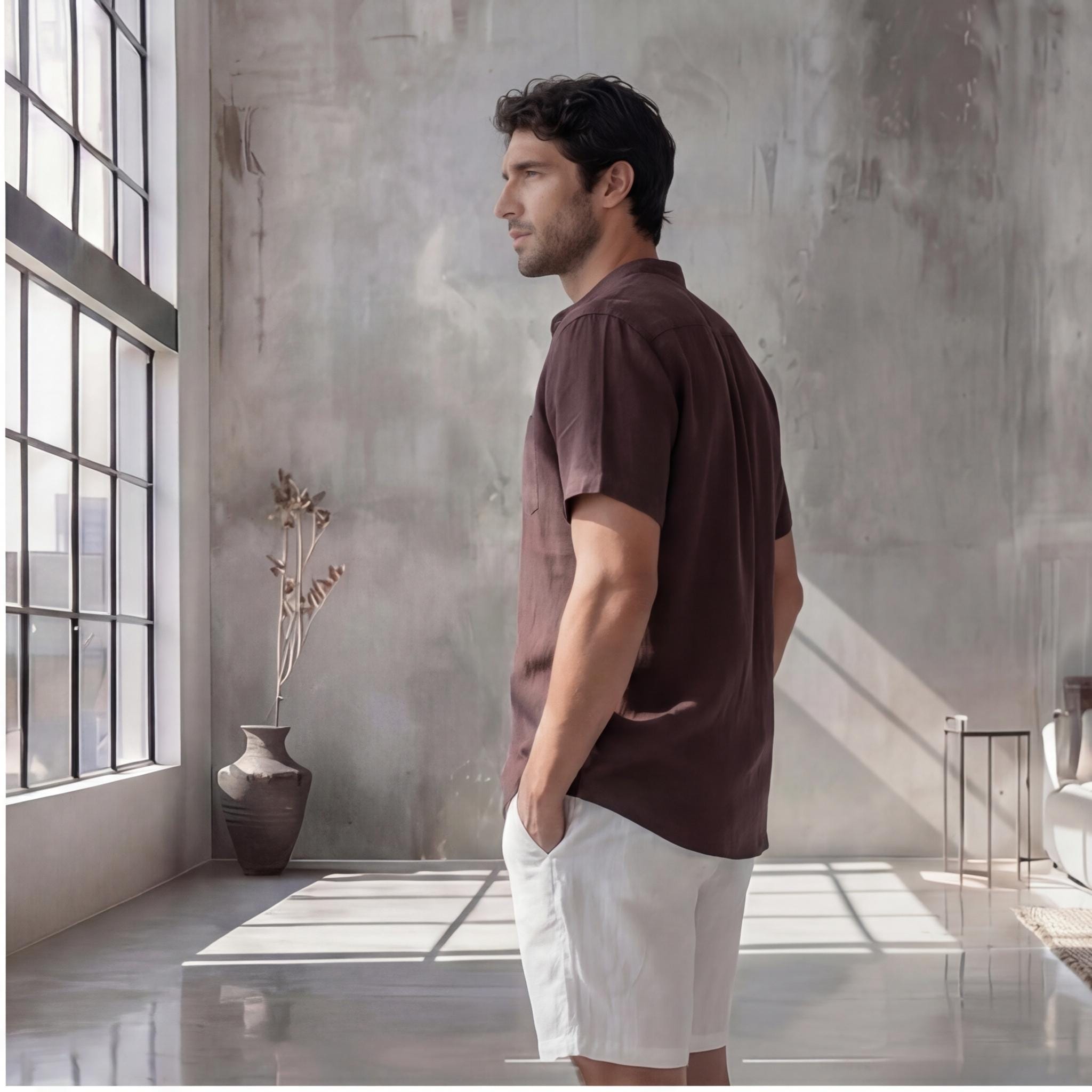 Men's Relaxed Fit Short Sleeve Shirt with Mandarin Collar, Solid Color Beachwear, Lightweight Breathable Plus Size Men’s Vacation Shirt