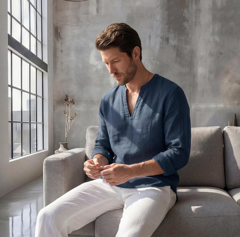 Men's Linen V-Slit Neck Shirt, Custom Length, photo 2